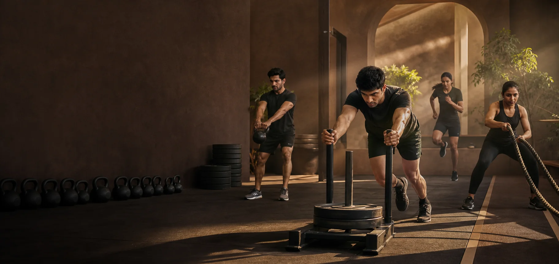 Athletes training with kettlebells, sled and battle ropes at MUM Performance Lab